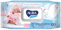 Салфетки влажные 100 шт., для детей AURA "Ultra comfort", гипоаллергенные, без спирта, крышка-клапан