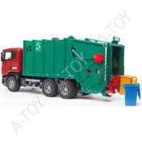 Bruder Мусоровоз Scania (зелёный фургон, красная кабина) (подходит модуль со звуком и светом H)
