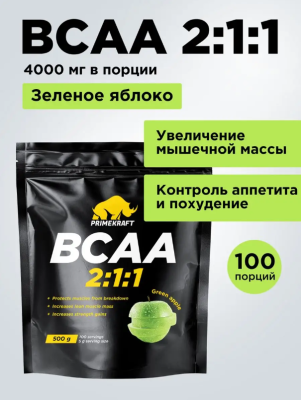 купить Аминокислоты PRIMEKRAFT BCAA 2:1:1 (БЦАА) со вкусом зеленое яблоко (green apple), дойпак, 500 гр