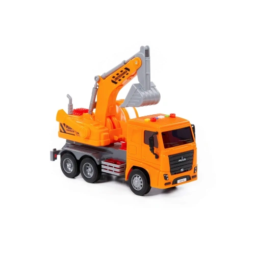 купить Автомобиль-экскаватор инерционный МАЗ, со светом и звуком, оранжевый (в коробке)Полесье 67286