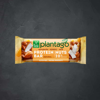 купить Батончик NUTS орехово-фруктовый с глазурью со вкусом Миндаль-Кокос-Мед PLANTAGO 12*40 гр 