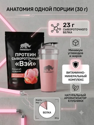 купить Протеин сывороточный «Вэй» (Whey) Primekraft со вкусом «Клубничное мороженое», дойпак 900 г