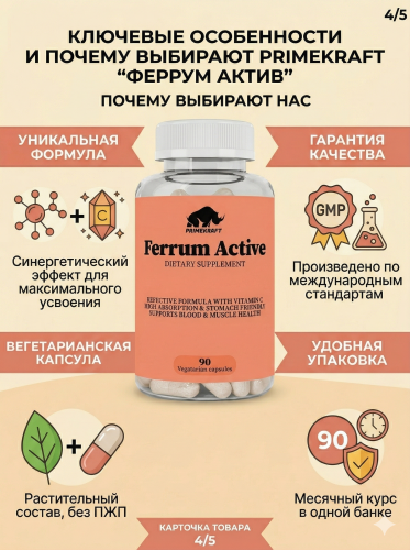 купить Биологически активная добавка (БАД) к пище PrimeKraft "Феррум Актив" (FERRUM ACTIVE), банка 90 капс.