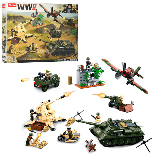 купить Sluban, Набор военной техники: танк,пушка, ДОТ, зенитка, мотоцикл, джип, самолёт (998 дет),M38-B0697