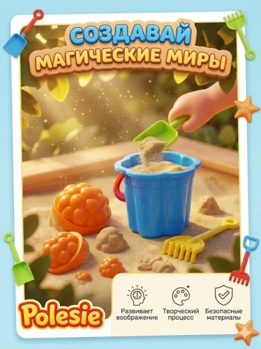 купить Песочный набор Полесье №65: ведро-цветок малое, лопатка малая №3, грабельки малые №3, 1 формочка