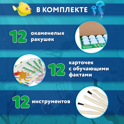купить Набор для раскопок "Морские животные", 12 видов, карточки, инструменты, BRAUBERG KIDS