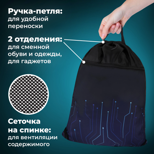 купить Мешок для обуви Brauberg Большой, с ручкой, карман на молнии, сетка для вентиляции, 49х41 см, "Elect