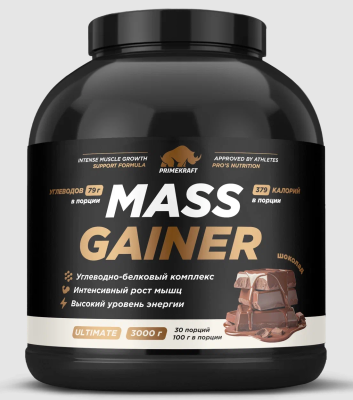 купить Гейнер белково-углеводный PRIMEKRAFT Mass Gainer Ultimate для набора массы со вкусом шоколад, 3000гр