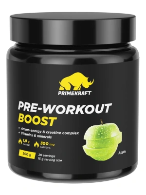 купить Предтренировочный комплекс PRIMEKRAFT PRE-WORKOUT BOOSTсо вкусом «Яблоко», банка 300гр