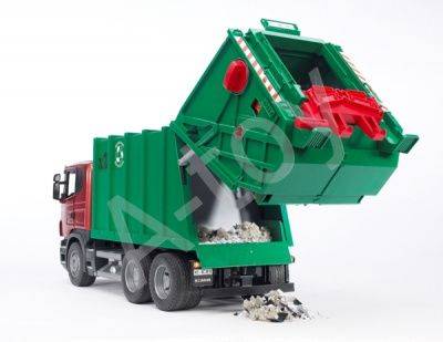 купить Bruder Мусоровоз Scania (зелёный фургон, красная кабина) (подходит модуль со звуком и светом H)