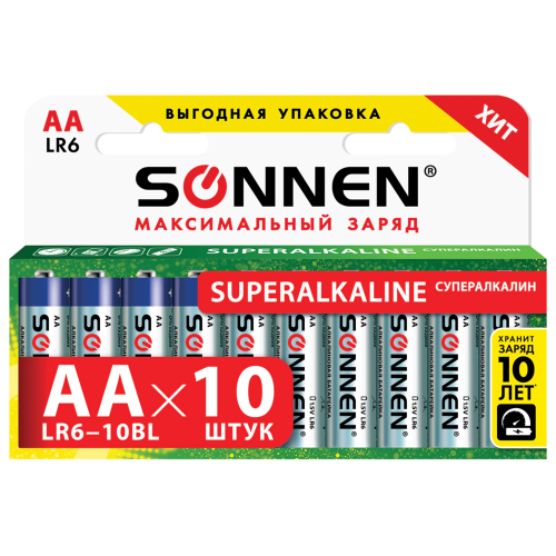 купить Батарейки КОМПЛЕКТ 10 шт., SONNEN Alkaline, АА (LR6, 15А), алкалиновые, пальчиковые, короб, 451086