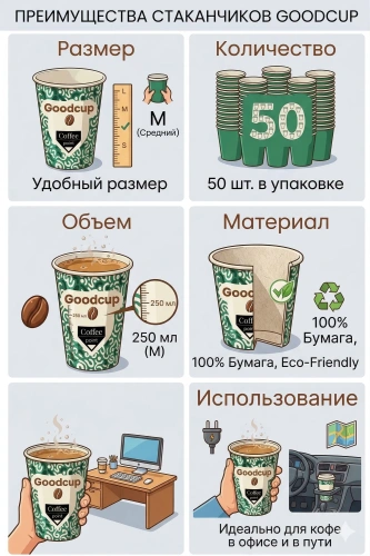 купить Бумажный стакан "Кофе Поинт" зелёный, 250мл, 25шт