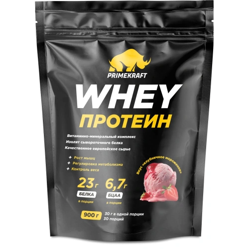 купить Протеин сывороточный «Вэй» (Whey) Primekraft со вкусом «Клубничное мороженое», дойпак 900 г