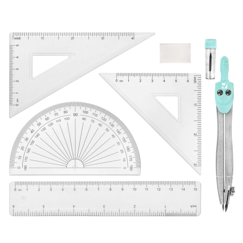 купить Готовальня BRAUBERG SCHOOL KIT, чертежные принадлежности, 8 предметов, циркуль 115 мм, мятный цвет