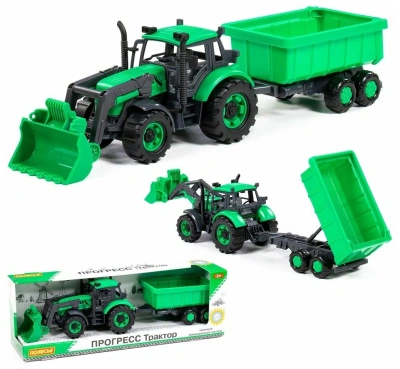 купить Полесье, Трактор "Прогресс" с прицепом и ковшом инерционный (зелёный) (в коробке), 91840