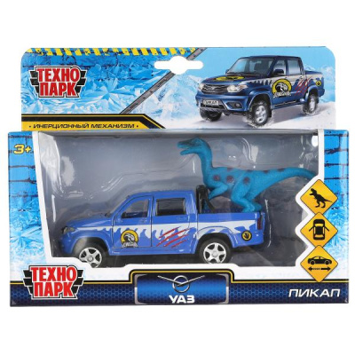 купить Технопарк, машина металл UAZ Pickup снег 12 см, с  динозавром, PICKUP-12SNOW-DINO