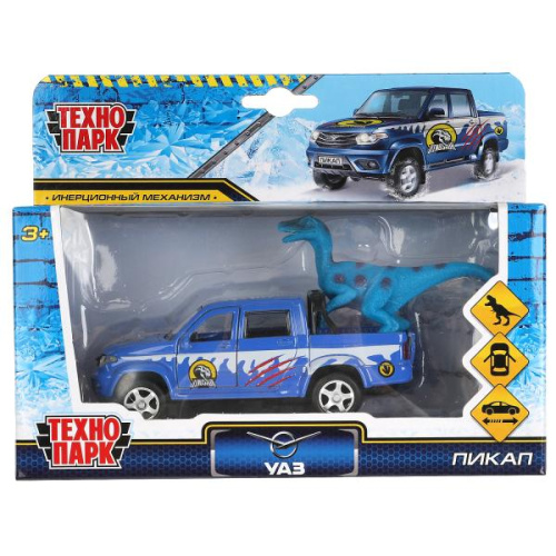 купить Технопарк, машина металл UAZ Pickup снег 12 см, с  динозавром, PICKUP-12SNOW-DINO