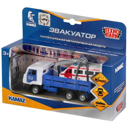 купить Машинка металлическая инерционная Технопарк, KAMAZ эвакуатор, 12см + скорая 7,5 см 