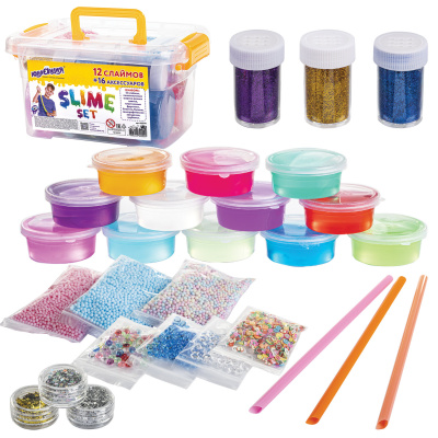 купить Набор слаймов 12 цветов, 16 аксессуаров, Юнландия в пластиковом боксе