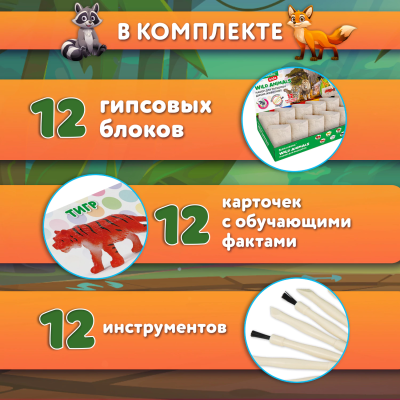 купить Набор для раскопок "Дикие животные", 12 видов, карточки, инструменты, BRAUBERG KIDS