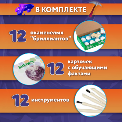 купить Набор для раскопок "Минералы", 12 видов, карточки, инструменты, BRAUBERG KIDS