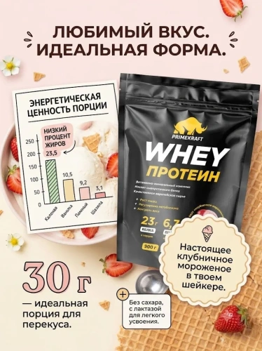 купить Протеин сывороточный «Вэй» (Whey) Primekraft со вкусом «Клубничное мороженое», дойпак 900 г