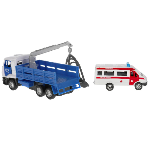 купить Машинка металлическая инерционная Технопарк, KAMAZ эвакуатор, 12см + скорая 7,5 см 