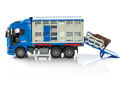купить Фургон Scania для перевозки животных с коровой, подходит модуль со звуком и свет, Bruder 03-549
