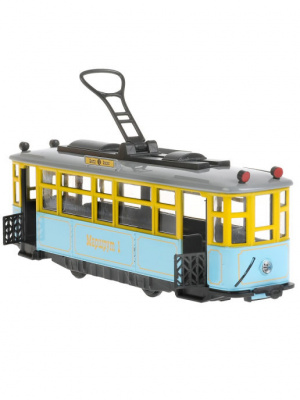 купить Технопарк, Машина металлическая - ТРАМВАЙ РЕТРО (длина 17 см, свет звук, инерц., синий), TRAMMC1-17SL-BU