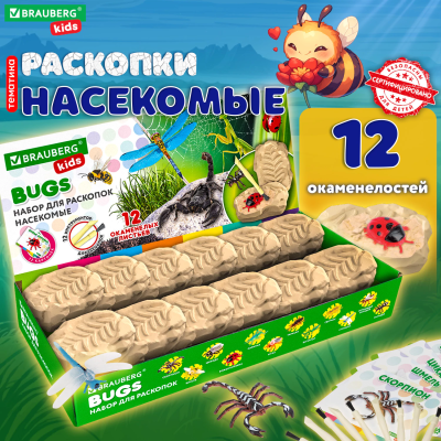 купить Набор для раскопок "Насекомые", 12 видов, карточки, инструменты, BRAUBERG KIDS