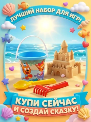 купить Песочный набор "Три кота" №7 Полесье: ведро малое с наклейкой, совок №2, грабельки №2
