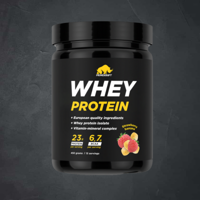 купить Сывороточный протеин WHEY Strawberry Banana (клубника-банан), 450 г, банка