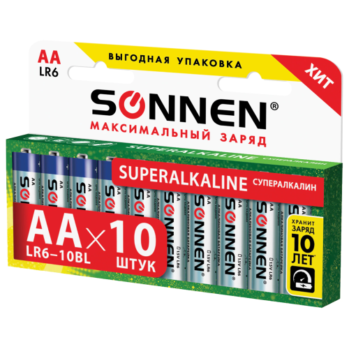 купить Батарейки КОМПЛЕКТ 10 шт., SONNEN Alkaline, АА (LR6, 15А), алкалиновые, пальчиковые, короб, 451086