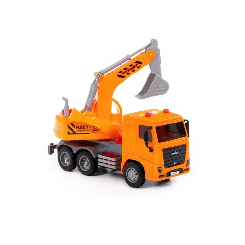 купить Автомобиль-экскаватор инерционный МАЗ, со светом и звуком, оранжевый (в коробке)Полесье 67286