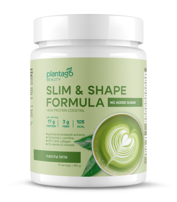 купить Протеиновый коктейль Plantago Beauty для похудения Slim&Shape Formula со вкусом «Матча-Латте» 450 г