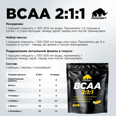 купить Аминокислоты PRIMEKRAFT BCAA 2:1:1 (БЦАА) со вкусом чистый (pure), дойпак, 500 гр