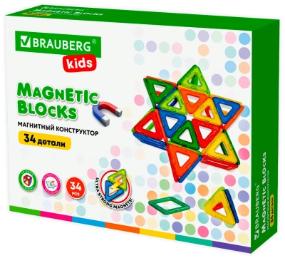 купить Brauberg Kids, Магнитный конструктор Big Magnetic Blocks-34, 34 детали, с колесной базой, 663845