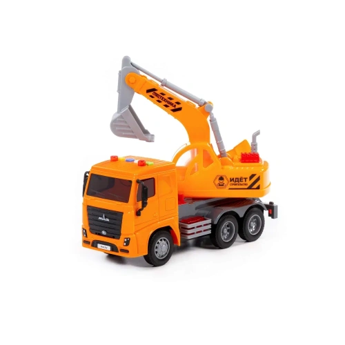 купить Автомобиль-экскаватор инерционный МАЗ, со светом и звуком, оранжевый (в коробке)Полесье 67286