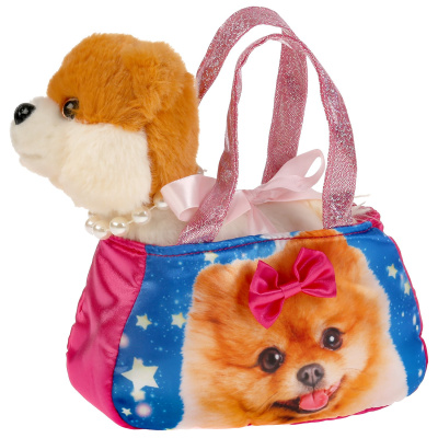 купить Мой питомец, Мягкая игрушка шпиц с ожерельем 17см в сумочке с принтом, F80210-16