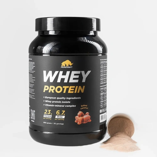 купить Протеин сывороточный PRIMEKRAFT Whey Protein, Солёная карамель, 900 г., банка