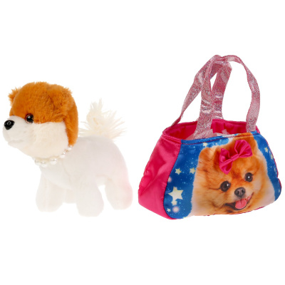 купить Мой питомец, Мягкая игрушка шпиц с ожерельем 17см в сумочке с принтом, F80210-16