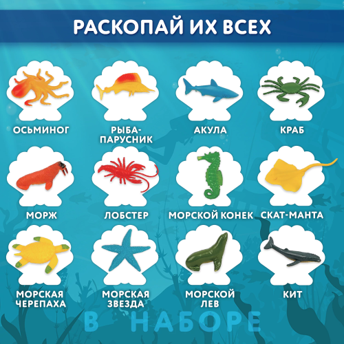 купить Набор для раскопок "Морские животные", 12 видов, карточки, инструменты, BRAUBERG KIDS
